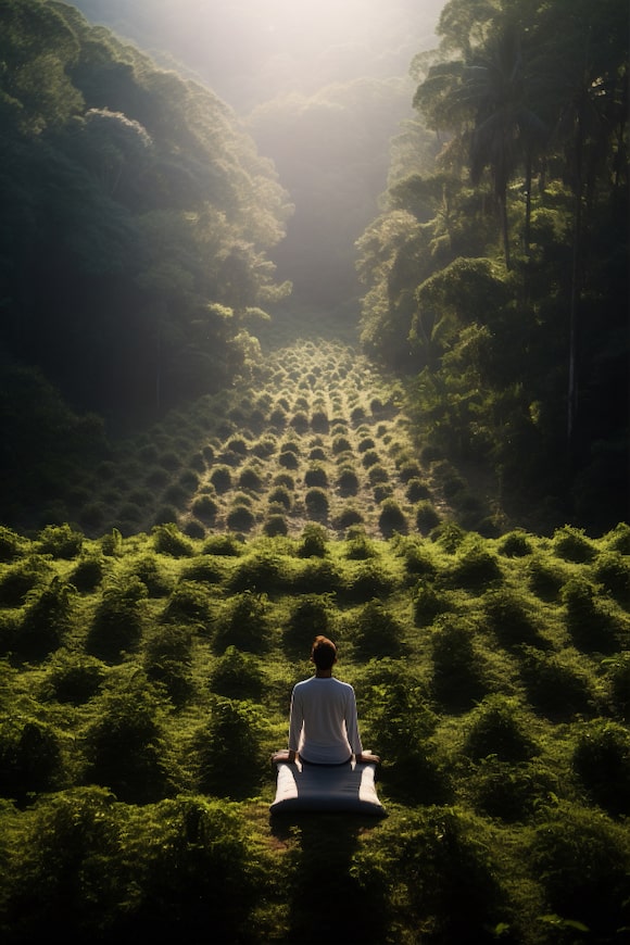 person sitting looking out at green field with trees